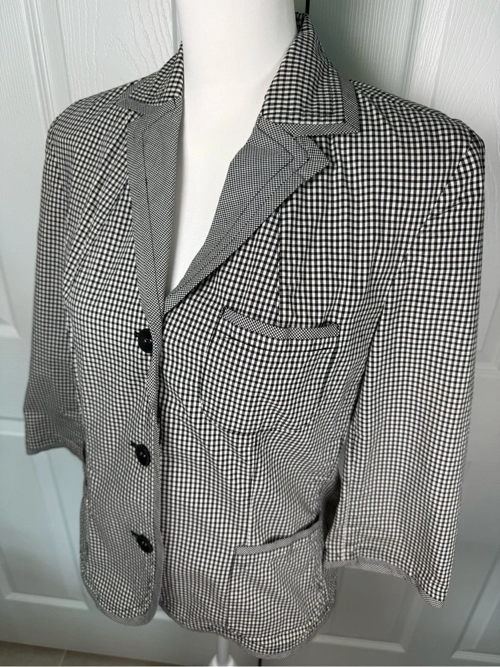 Talbots Boho Size 12 P Black & White Gingham Check Blazer Jacket Stretch Cotton